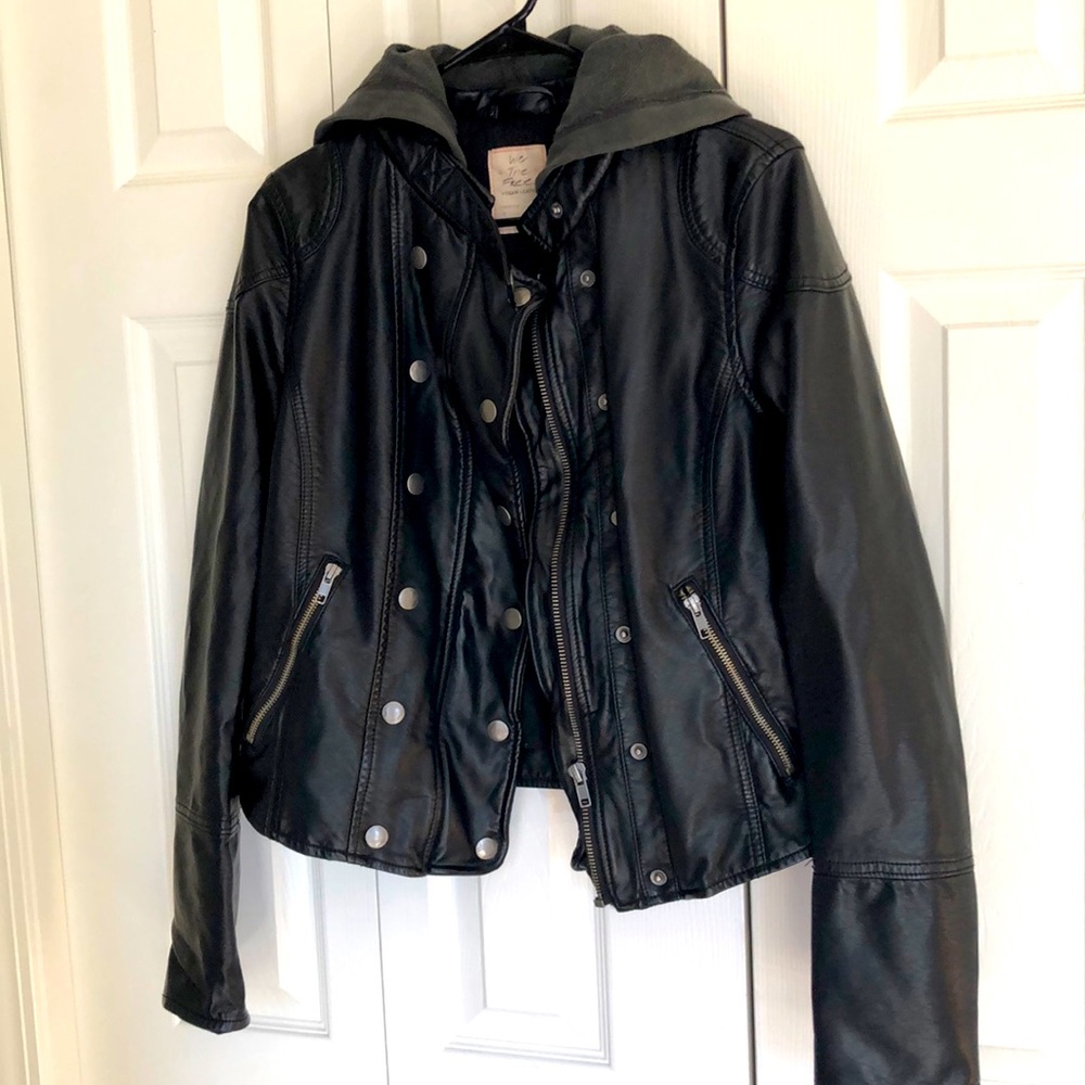 Black vegan leather Free People jacket with hood